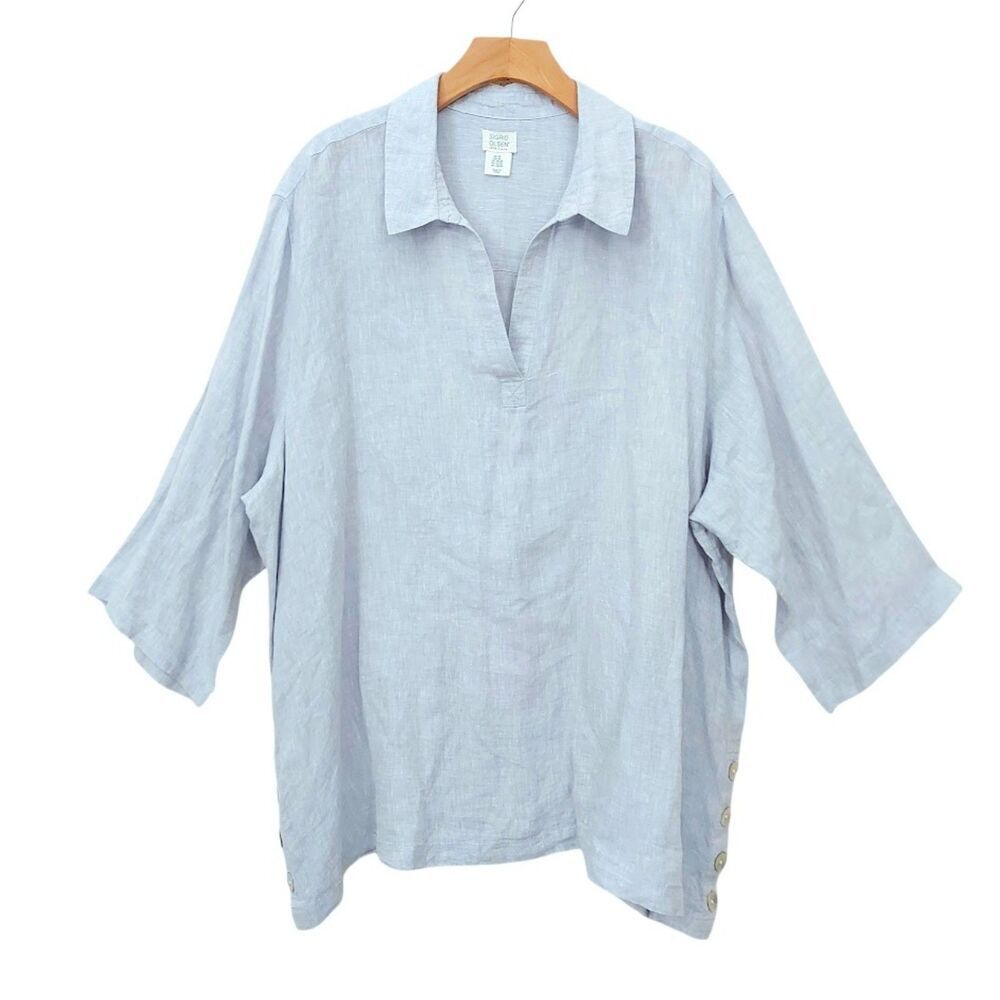 Sigrid Olsen Tunic Women's 3X Blue Linen V-Neck Side Button Lagenlook Coastal